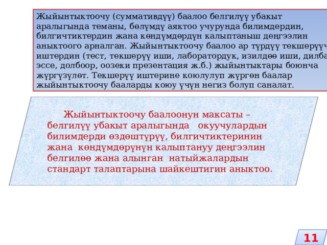 Жыйынтыктоочу (суммативдүү) баалоо белгилүү убакыт аралыгында теманы, бөлүмдү аяктоо учурунда билимдердин, билгичтиктердин жана көндүмдөрдүн калыптаныш деңгээлин аныктоого арналган. Жыйынтыктоочу баалоо ар түрдүү текшерүүчү иштердин (тест, текшерүү иши, лаборатордук, изилдөө иши, дилбаян, эссе, долбоор, оозеки презентация ж.б.) жыйынтыктары боюнча жүргүзүлөт. Текшерүү иштерине коюлулуп жүргөн баалар жыйынтыктоочу бааларды коюу үчүн негиз болуп саналат.  Жыйынтыктоочу баалоонун максаты – белгилүү убакыт аралыгында окуучулардын билимдерди өздөштүрүү, билгичтиктеринин жана көндүмдөрүнүн калыптануу деңгээлин белгилөө жана алынган натыйжалардын стандарт талаптарына шайкештигин аныктоо. 11 