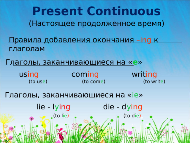 Present Continuous (Настоящее продолженное время) Правила добавления окончания – ing  к глаголам Глаголы, заканчивающиеся на « е » us ing com ing writ ing  (to us e ) (to com e ) (to writ e ) Глаголы, заканчивающиеся на « ie »  lie - l y ing  die - d y ing   (to l ie ) (to d ie ) 
