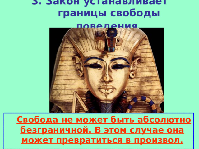 3. Закон устанавливает границы свободы поведения     Свобода не может быть абсолютно безграничной. В этом случае она может превратиться в произвол. 