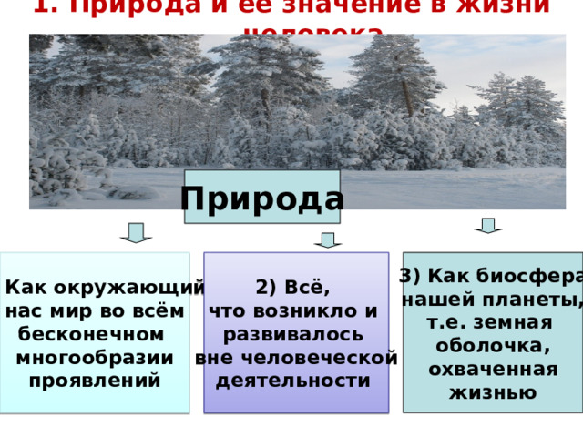 1. Природа и её значение в жизни человека Природа 1) Как окружающий нас мир во всём бесконечном многообразии проявлений 3) Как биосфера нашей планеты, т.е. земная оболочка, охваченная жизнью 2) Всё, что возникло и развивалось вне человеческой деятельности 
