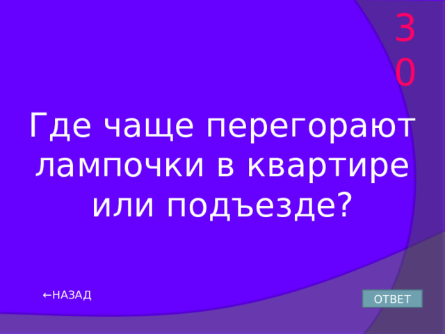 30 Где чаще перегорают лампочки в квартире или подъезде? ← НАЗАД ОТВЕТ 