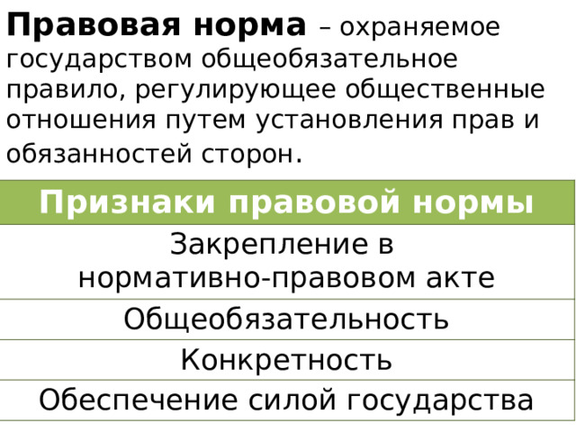 Правовая норма – охраняемое государством общеобязательное правило, регулирующее общественные отношения путем установления прав и обязанностей сторон . Признаки правовой нормы Закрепление в нормативно-правовом акте Общеобязательность Конкретность Обеспечение силой государства 