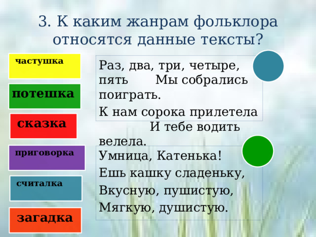 3. К каким жанрам фольклора относятся данные тексты?  частушка Раз, два, три, четыре, пять Мы собрались поиграть. К нам сорока прилетела И тебе водить велела. потешка  сказка  приговорка Умница, Катенька! Ешь кашку сладеньку, Вкусную, пушистую, Мягкую, душистую.  считалка  загадка 
