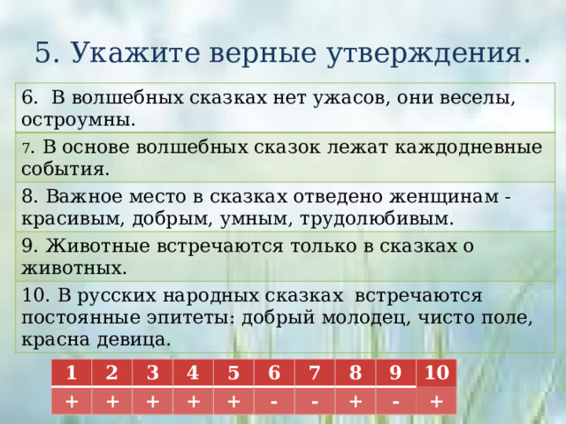 5. Укажите верные утверждения. 6. В волшебных сказках нет ужасов, они веселы, остроумны. 7 . В основе волшебных сказок лежат каждодневные события. 8. Важное место в сказках отведено женщинам - красивым, добрым, умным, трудолюбивым. 9. Животные встречаются только в сказках о животных. 10. В русских народных сказках встречаются постоянные эпитеты: добрый молодец, чисто поле, красна девица. 1 2 + 3 + 4 + 5 + 6 + 7 - 8 - 9 + 10 - + 