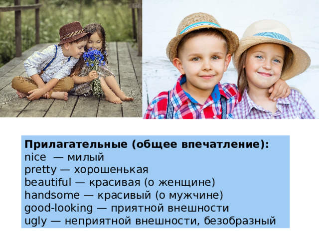 Прилагательные (общее впечатление): nice  — милый pretty — хорошенькая beautiful — красивая (о женщине) handsome — красивый (о мужчине) good-looking — приятной внешности ugly — неприятной внешности, безобразный 