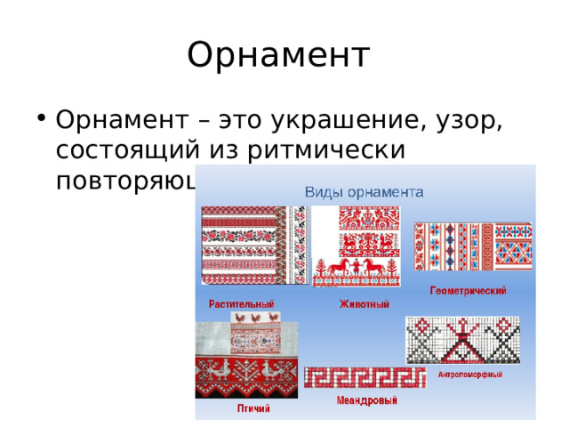 Орнамент Орнамент – это украшение, узор, состоящий из ритмически повторяющихся элементов.  