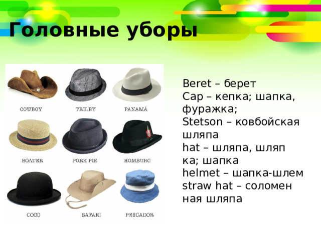 Головные уборы Beret –  берет Cap – кеп­ка; шап­ка, фураж­ка; Stetson – ков­бой­ская шля­па hat – шля­па, шляп­ка; шапка helmet – шапка-шлем straw hat – соло­мен­ная шляпа 