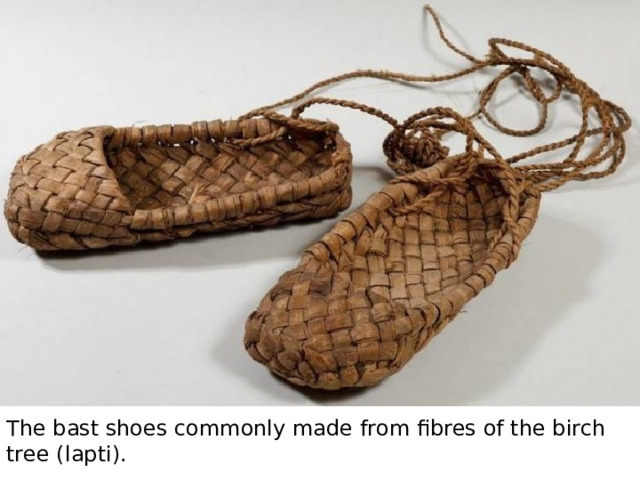 The bast shoes commonly made from fibres of the birch tree ( lapti). 