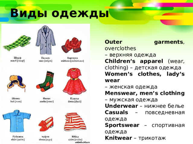 Виды одежды Outer garments , overclothes – верх­няя одежда Children’s apparel (wear, clothing) – дет­ская одежда Women’s clothes, lady’s wear – жен­ская одежда Menswear, men’s clothing  – муж­ская одежда Underwear – ниж­нее белье Casuals – повсе­днев­ная одежда Sportswear – спор­тив­ная одежда Knitwear – трикотаж 