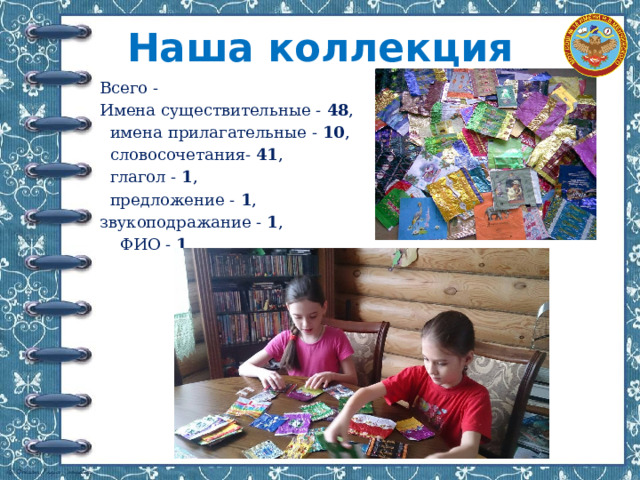 Наша коллекция Всего - Имена существительные - 48 ,  имена прилагательные - 10 ,  словосочетания- 41 ,  глагол - 1 ,  предложение - 1 , звукоподражание - 1 ,  ФИО - 1 