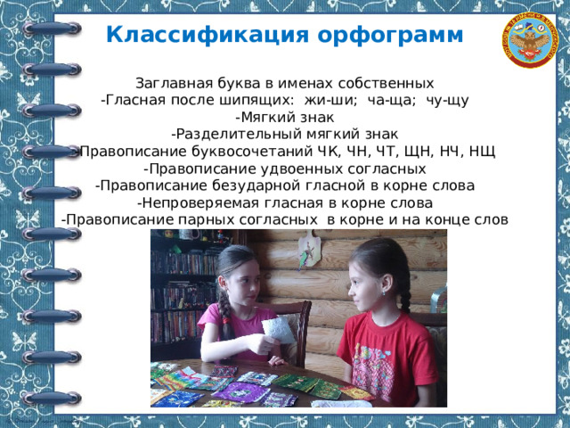 Классификация орфограмм   Заглавная буква в именах собственных  -Гласная после шипящих: жи-ши; ча-ща; чу-щу  -Мягкий знак  -Разделительный мягкий знак  -Правописание буквосочетаний ЧК, ЧН, ЧТ, ЩН, НЧ, НЩ  -Правописание удвоенных согласных  -Правописание безударной гласной в корне слова  -Непроверяемая гласная в корне слова  -Правописание парных согласных в корне и на конце слов        