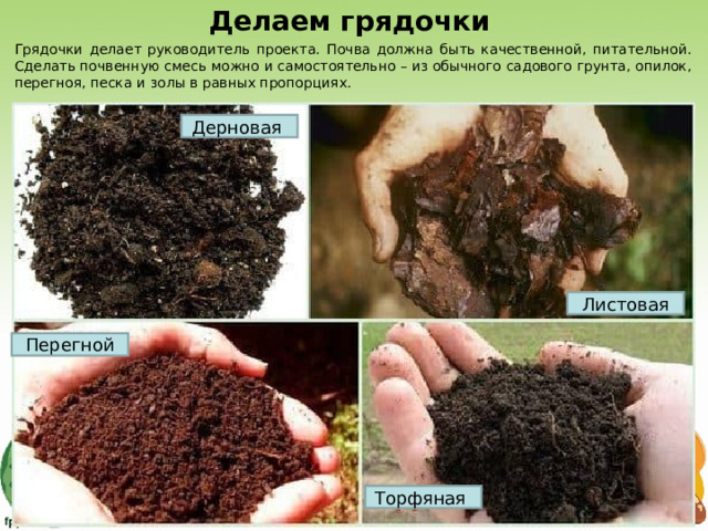 Делаем грядочки Грядочки делает руководитель проекта. Почва должна быть качественной, питательной. Сделать почвенную смесь можно и самостоятельно – из обычного садового грунта, опилок, перегноя, песка и золы в равных пропорциях. Дерновая Листовая Перегной Торфяная  