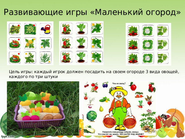 Развивающие игры «Маленький огород» Цель игры: каждый игрок должен посадить на своем огороде 3 вида овощей, каждого по три штуки 