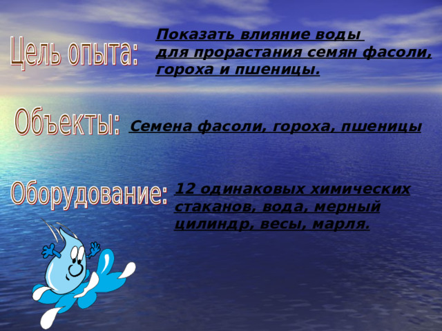 Показать влияние воды для прорастания семян фасоли, гороха и пшеницы.  Семена фасоли, гороха, пшеницы 12 одинаковых химических стаканов, вода, мерный цилиндр, весы, марля. 