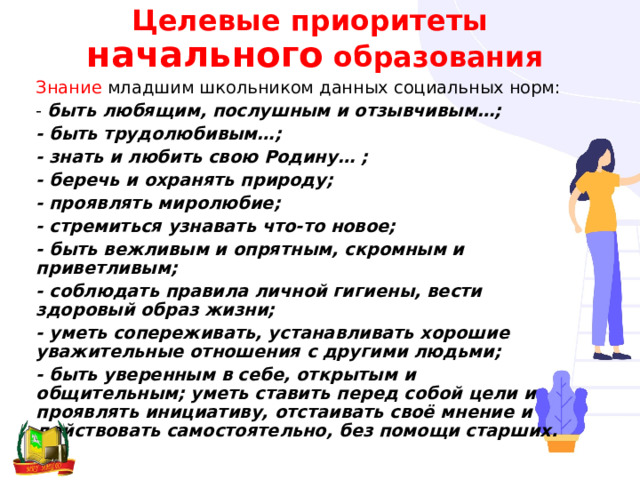 Целевые приоритеты  начального образования Знание младшим школьником данных социальных норм: - быть любящим, послушным и отзывчивым…; - быть трудолюбивым…; - знать и любить свою Родину… ; - беречь и охранять природу; - проявлять миролюбие; - стремиться узнавать что-то новое; - быть вежливым и опрятным, скромным и приветливым; - соблюдать правила личной гигиены, вести здоровый образ жизни; - уметь сопереживать, устанавливать хорошие уважительные отношения с другими людьми; - быть уверенным в себе, открытым и общительным; уметь ставить перед собой цели и проявлять инициативу, отстаивать своё мнение и действовать самостоятельно, без помощи старших. 