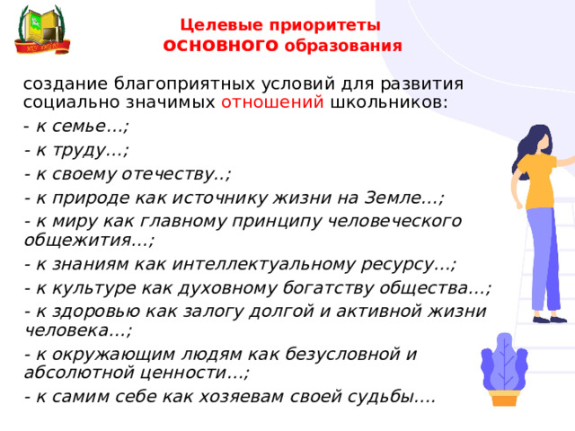 Целевые приоритеты  основного  образования создание благоприятных условий для развития социально значимых отношений школьников: - к семье…; - к труду…; - к своему отечеству..; - к природе как источнику жизни на Земле…; - к миру как главному принципу человеческого общежития…; - к знаниям как интеллектуальному ресурсу…; - к культуре как духовному богатству общества…; - к здоровью как залогу долгой и активной жизни человека…; - к окружающим людям как безусловной и абсолютной ценности…; - к самим себе как хозяевам своей судьбы…. 