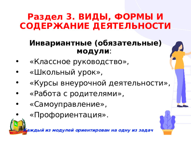Раздел 3. ВИДЫ, ФОРМЫ И СОДЕРЖАНИЕ ДЕЯТЕЛЬНОСТИ Инвариантные (обязательные) модули :  «Классное руководство»,  «Школьный урок»,  «Курсы внеурочной деятельности»,  «Работа с родителями»,  «Самоуправление»,  «Профориентация». * Каждый из модулей ориентирован на одну из задач 