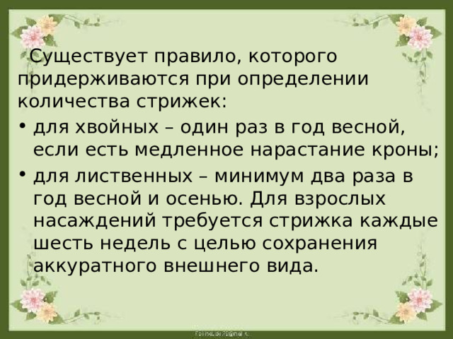  Существует правило, которого придерживаются при определении количества стрижек: для хвойных – один раз в год весной, если есть медленное нарастание кроны; для лиственных – минимум два раза в год весной и осенью. Для взрослых насаждений требуется стрижка каждые шесть недель с целью сохранения аккуратного внешнего вида.    