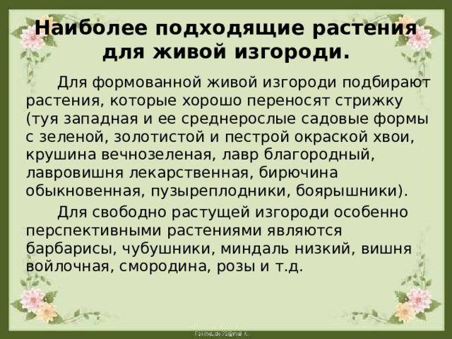 Наиболее подходящие растения для живой изгороди.  Для формованной живой изгороди подбирают растения, которые хорошо переносят стрижку (туя западная и ее среднерослые садовые формы с зеленой, золотистой и пестрой окраской хвои, крушина вечнозеленая, лавр благородный, лавровишня лекарственная, бирючина обыкновенная, пузыреплодники, боярышники).  Для свободно растущей изгороди особенно перспективными растениями являются барбарисы, чубушники, миндаль низкий, вишня войлочная, смородина, розы и т.д.    