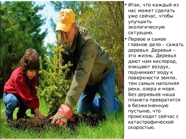Итак, что каждый из нас может сделать уже сейчас, чтобы улучшить экологическую ситуацию. Первое и самое главное дело – сажать деревья. Деревья – это жизнь. Деревья дают нам кислород, очищают воздух, поднимают воду к поверхности земли, тем самым наполняя реки, озера и моря. Без деревьев наша планета превратится в безжизненную пустыню, что происходит сейчас с катастрофической скоростью.  