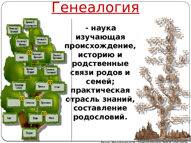 Генеалогия  - наука изучающая происхождение, историю и родственные связи родов и семей; практическая отрасль знаний, составление родословий.  Автор: Михайлова Н.М.- преподаватель МАОУ «Лицей № 21» 