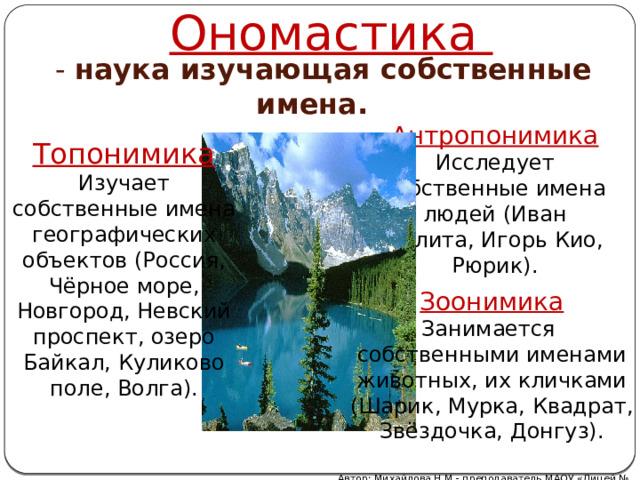 Ономастика  - наука изучающая собственные имена. Антропонимика Исследует собственные имена людей (Иван Калита, Игорь Кио, Рюрик). Топонимика Изучает собственные имена географических объектов (Россия, Чёрное море, Новгород, Невский проспект, озеро Байкал, Куликово поле, Волга). Зоонимика Занимается собственными именами животных, их кличками (Шарик, Мурка, Квадрат, Звёздочка, Донгуз). Автор: Михайлова Н.М.- преподаватель МАОУ «Лицей № 21» 