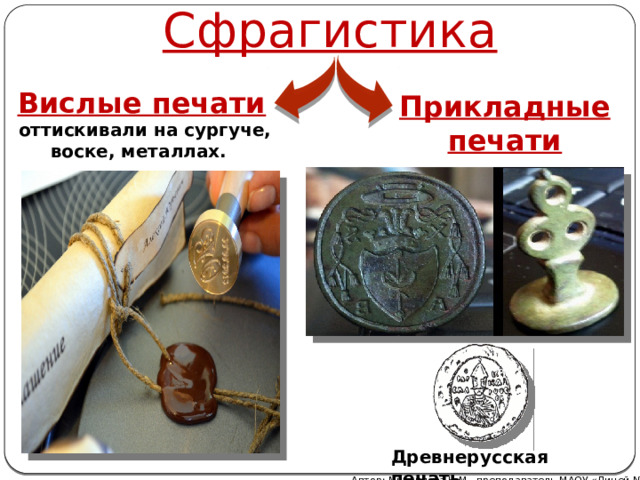 Сфрагистика Вислые печати  оттискивали на сургуче, воске, металлах. Прикладные печати Древнерусская печать Автор: Михайлова Н.М.- преподаватель МАОУ «Лицей № 21» 