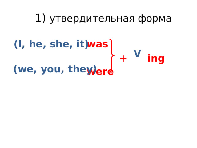 1) утвердительная форма was (I, he, she, it) V + ing (we, you, they) were 