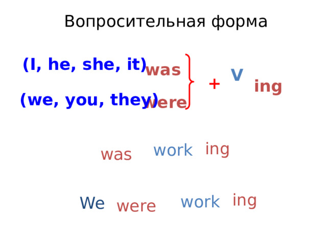   Вопросительная форма (I, he, she, it) was V + ing (we, you, they) were I ing work was ing work We were 