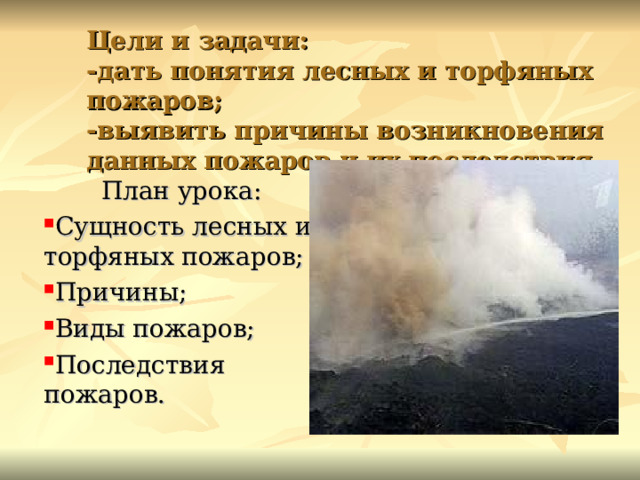 Цели и задачи:  -дать понятия лесных и торфяных пожаров;  -выявить причины возникновения данных пожаров и их последствия . План урока: Сущность лесных и торфяных пожаров; Причины; Виды пожаров; Последствия пожаров. 