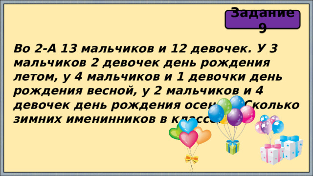 Задание 9 Во 2-А 13 мальчиков и 12 девочек. У 3 мальчиков 2 девочек день рождения летом, у 4 мальчиков и 1 девочки день рождения весной, у 2 мальчиков и 4 девочек день рождения осенью. Сколько зимних именинников в классе? 