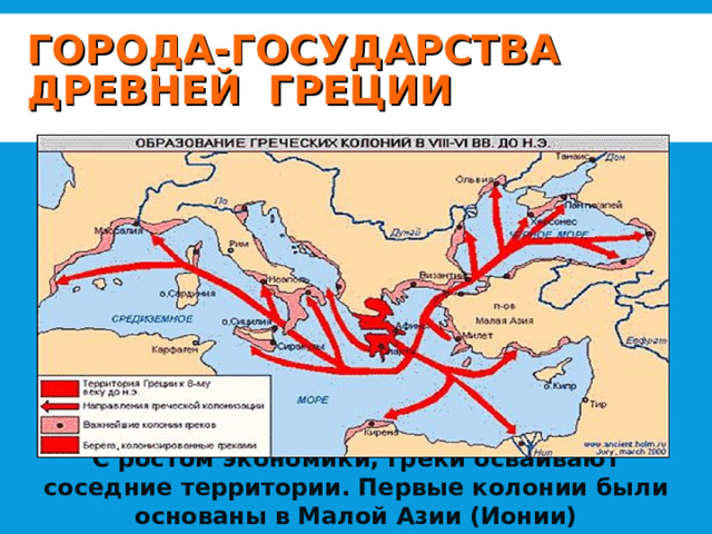ГОРОДА-ГОСУДАРСТВА ДРЕВНЕЙ ГРЕЦИИ С ростом экономики, греки осваивают соседние территории. Первые колонии были основаны в Малой Азии (Ионии) 