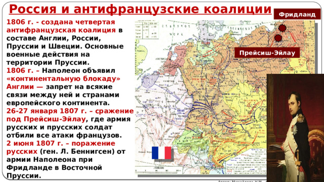 Россия и антифранцузские коалиции Фридланд 1806 г. - создана четвертая антифранцузская коалиция в составе Англии, России, Пруссии и Швеции. Основные военные действия на территории Пруссии. 1806 г. – Наполеон объявил «континентальную блокаду» Англии — запрет на всякие связи между ней и странами европейского континента. 26-27 января 1807 г. – сражение под Прейсиш-Эйлау , где армия русских и прусских солдат отбили все атаки французов. 2 июня 1807 г. – поражение русских (ген. Л. Беннигсен) от армии Наполеона при Фридланде в Восточной Пруссии.  Прейсиш-Эйлау Автор: Михайлова Н.М.- преподаватель МАОУ «Лицей № 21» 