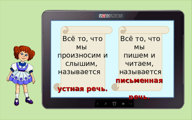 Всё то, что мы произносим и слышим, называется устная речь.  Всё то, что мы пишем и читаем, называется письменная речь.  