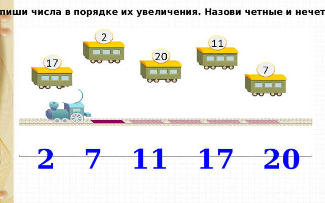 Запиши числа в порядке их увеличения. Назови четные и нечетные. 2 7 11 17 20 