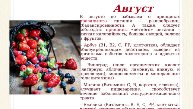 Август В августе не забываем о принципах правильного питания – разнообразии, сбалансированности. А также, следует соблюдать принципы «летнего» питания – низкая калорийность; больше овощей, зелени и фруктов. – Арбуз (В1, В2, С, РР, клетчатка), обладает общеукрепляющим действием, выводит из организма избыток холестерина и ядовитых веществ. – Виноград (соли органических кислот (янтарную, яблочную, лимонную, винную, и щавелевую); микроэлементы и минеральные соли витамины) – Малина (Витамины С, В, каротин, глюкоза), улучшает пищеварение, способствует лечение заболеваний желудочно-кишечного тракта. – Ежевика (Витамины, В, Е, С, РР, клетчатка, пектин), улучшает обмен веществ, укрепляет иммунитет. – Щука (В1, В6, В2, В9, Е, С, РР, А) – Дыня ( Витамины В9, С, Р, каротин), способствует процессу пищеварения и кроветворения. 