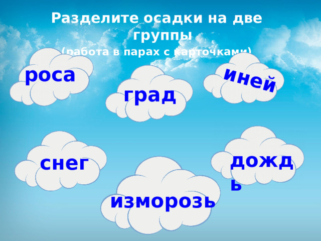 иней Разделите осадки на две группы (работа в парах с карточками) роса град дождь снег изморозь 