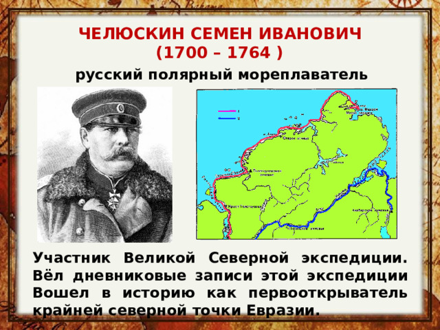ЧЕЛЮСКИН СЕМЕН ИВАНОВИЧ (1700 – 1764 ) русский полярный мореплаватель Участник Великой Северной экспедиции. Вёл дневниковые записи этой экспедиции  Вошел в историю как первооткрыватель крайней северной точки Евразии. 