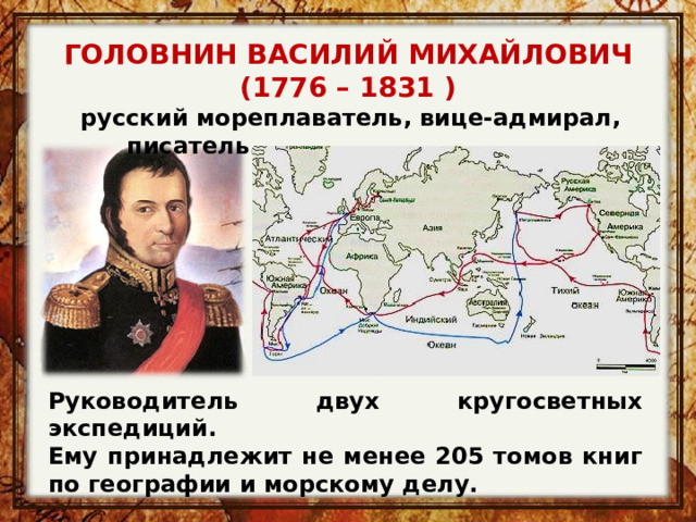 ГОЛОВНИН ВАСИЛИЙ МИХАЙЛОВИЧ (1776 – 1831 ) русский мореплаватель, вице-адмирал, писатель.  Руководитель двух кругосветных экспедиций. Ему принадлежит не менее 205 томов книг по географии и морскому делу. 