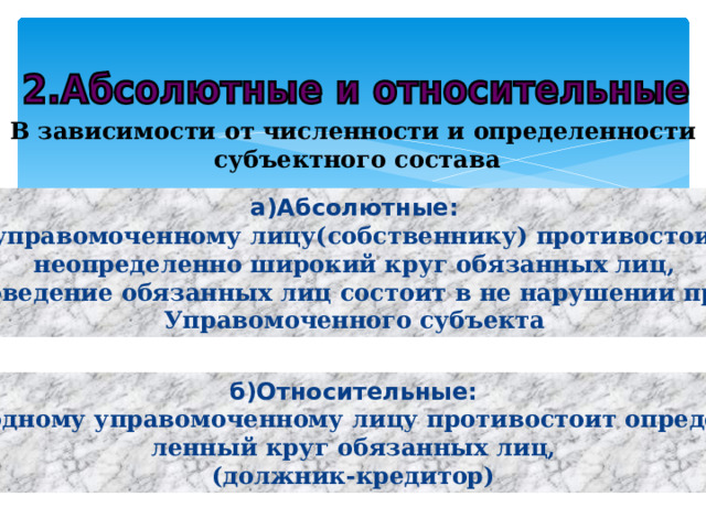 В зависимости от численности и определенности субъектного состава а)Абсолютные: -управомоченному лицу(собственнику) противостоит неопределенно широкий круг обязанных лиц, -поведение обязанных лиц состоит в не нарушении прав Управомоченного субъекта б)Относительные: -одному управомоченному лицу противостоит опреде- ленный круг обязанных лиц, (должник-кредитор) 