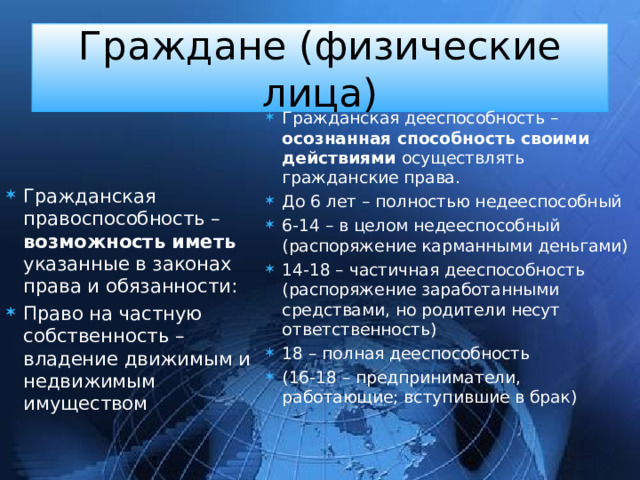Граждане (физические лица) Гражданская правоспособность – возможность иметь указанные в законах права и обязанности: Право на частную собственность – владение движимым и недвижимым имуществом Гражданская дееспособность – осознанная способность своими действиями осуществлять гражданские права. До 6 лет – полностью недееспособный 6-14 – в целом недееспособный (распоряжение карманными деньгами) 14-18 – частичная дееспособность (распоряжение заработанными средствами, но родители несут ответственность) 18 – полная дееспособность (16-18 – предприниматели, работающие; вступившие в брак)  