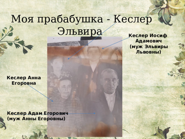 Моя прабабушка - Кеслер Эльвира Львовна Кеслер Иосиф Адамович (муж Эльвиры Львовны) Кеслер Анна Егоровна Кеслер Адам Егорович (муж Анны Егоровны) 