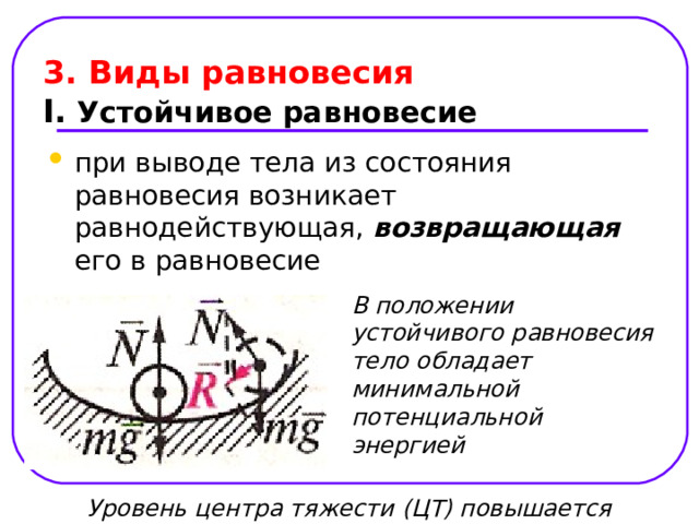 3. Виды равновесия  I . Устойчивое равновесие    при выводе тела из состояния равновесия возникает равнодействующая, возвращающая его в равновесие  В положении устойчивого равновесия тело обладает минимальной потенциальной энергией Уровень центра тяжести (ЦТ) повышается 
