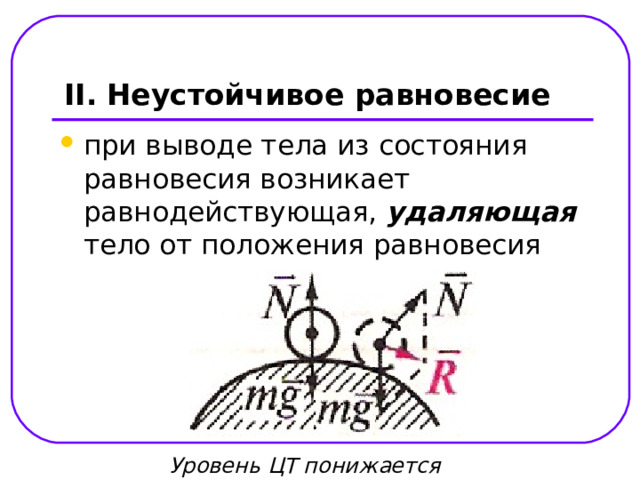 II .  Неустойчивое равновесие   удаляющая Уровень ЦТ понижается 