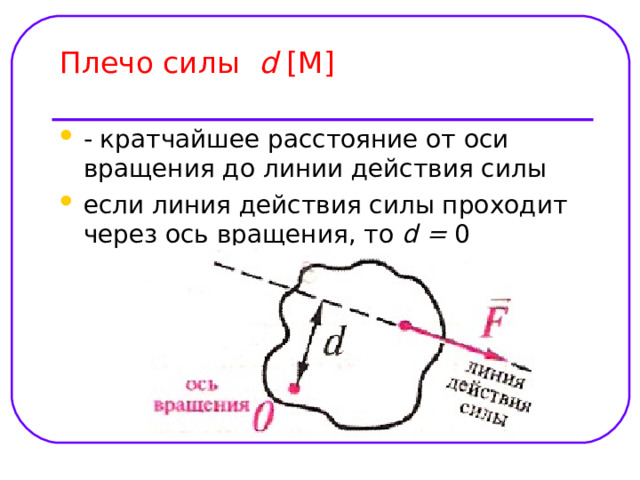 Плечо силы d  [M]    - кратчайшее расстояние от оси вращения до линии действия силы если линия действия силы проходит через ось вращения, то d = 0   