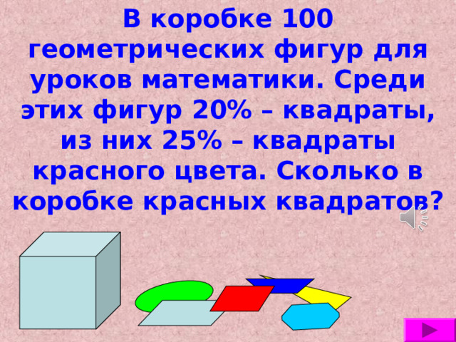 В коробке 100 геометрических фигур для уроков математики. Среди этих фигур 20% – квадраты, из них 25% – квадраты красного цвета. Сколько в коробке красных квадратов? 
