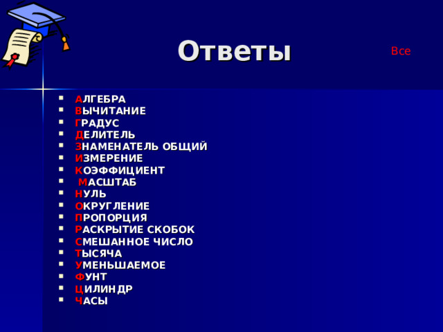 Ответы Все А ЛГЕБРА В ЫЧИТАНИЕ Г РАДУС Д ЕЛИТЕЛЬ З НАМЕНАТЕЛЬ ОБЩИЙ И ЗМЕРЕНИЕ К ОЭФФИЦИЕНТ  М АСШТАБ Н УЛЬ О КРУГЛЕНИЕ П РОПОРЦИЯ Р АСКРЫТИЕ СКОБОК С МЕШАННОЕ ЧИСЛО Т ЫСЯЧА У МЕНЬШАЕМОЕ Ф УНТ Ц ИЛИНДР Ч АСЫ     