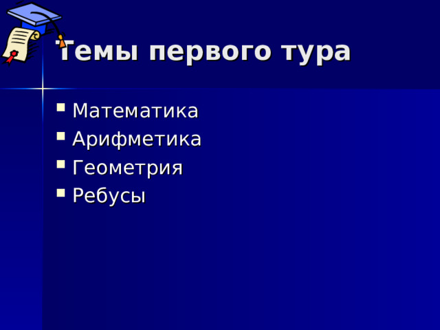 Темы первого тура Математика Арифметика Геометрия Ребусы 