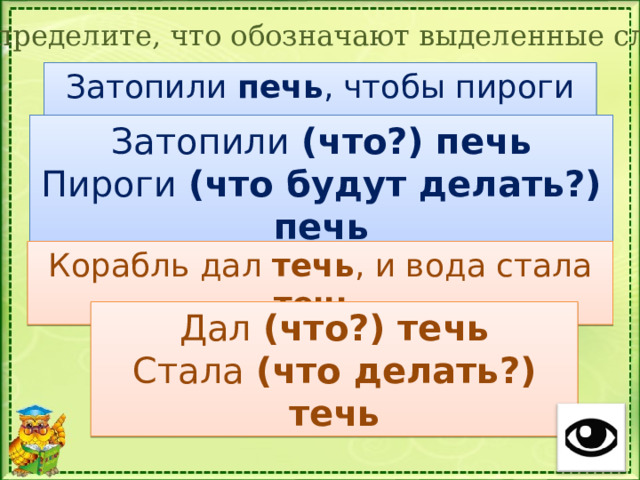 Определите, что обозначают выделенные слова Затопили печь , чтобы пироги печь . Затопили (что?) печь Пироги (что будут делать?) печь Корабль дал течь , и вода стала течь . Дал (что?) течь Стала (что делать?) течь 
