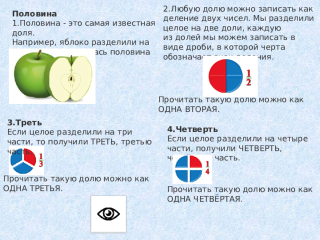 2.Любую долю можно записать как деление двух чисел. Мы разделили целое на две доли, каждую из долей мы можем записать в виде дроби, в которой черта обозначает знак деления. Половина 1.Половина - это самая известная доля.  Например, яблоко разделили на две части, получилась половина яблока Прочитать такую долю можно как ОДНА ВТОРАЯ. 3.Треть Если целое разделили на три части, то получили ТРЕТЬ, третью часть. 4.Четверть Если целое разделили на четыре части, получили ЧЕТВЕРТЬ, четвёртую часть. Прочитать такую долю можно как ОДНА ТРЕТЬЯ. Прочитать такую долю можно как ОДНА ЧЕТВЁРТАЯ. 
